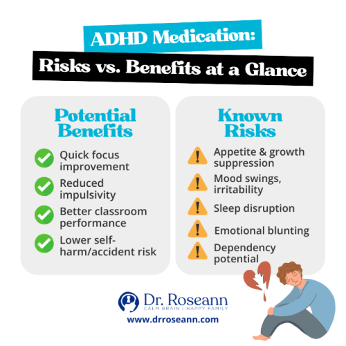Infographic showing dangers of medication for ADHD, including mood swings, sleep disruption, and dependency risks