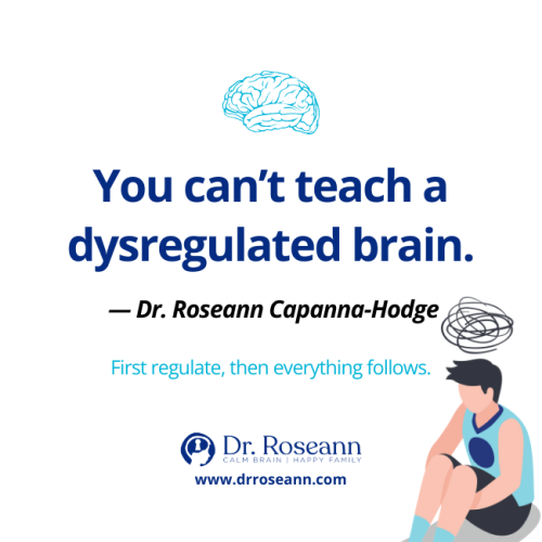 Image stating, "You can't teach a dysregulated brain," by Dr. Roseann Capanna-Hodge, emphasizing the importance of regulation first. This reinforces the idea of avoiding phrases or things to never say to your child that might increase dysregulation.