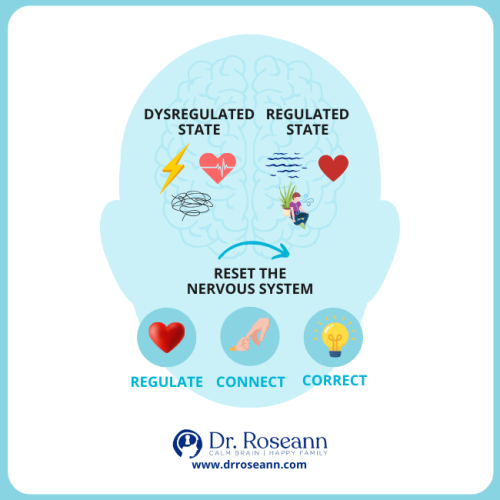 Infographic showing the transition from a dysregulated state (stress, fast heartbeat) to a regulated state, illustrating the 3-step process (Regulate, Connect, Correct) to reset the nervous system.