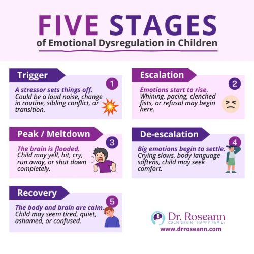 Graphic showing five emotional indicators of dysregulation in children from trigger to recovery.