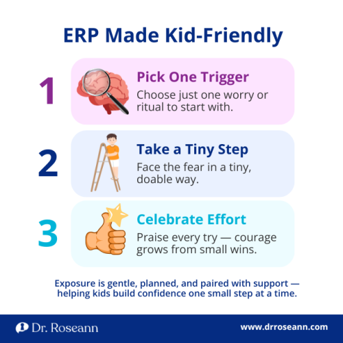 Infographic showing 3 kid-friendly steps for Exposure and Response Prevention (ERP), a form of Psychotherapy and CBT: Pick One Trigger, Take a Tiny Step, and Celebrate Effort, to gently build confidence and manage anxiety.