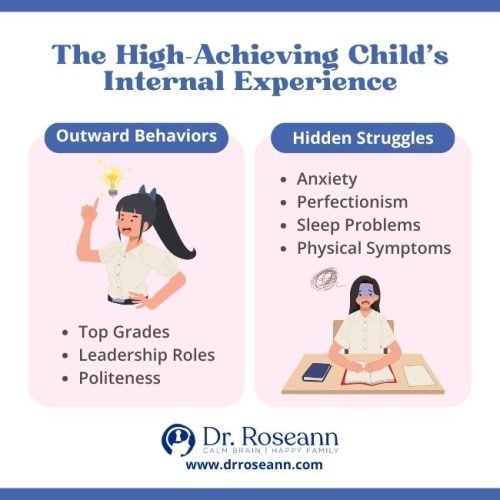 An illustration of a high-achieving child's outward behaviors and hidden struggles, including missed signs of dysregulation.