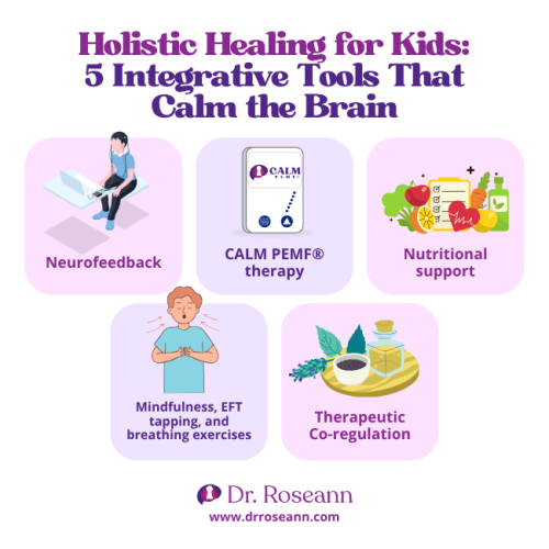Infographic showing 5 Integrative Tools for Holistic Healing in Kids: Neurofeedback, CALM PEMF® therapy, Nutritional support, Mindfulness, and Therapeutic Co-regulation, all essential when treating Depression vs Sadness vs Anxiety in Children.