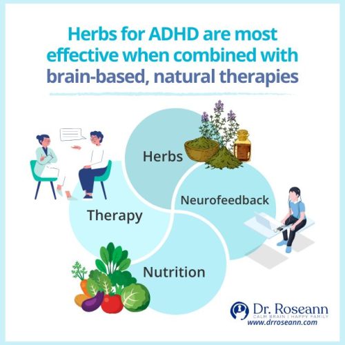 An infographic showing a holistic approach to using herbs for ADHD. It illustrates that herbs are most effective when combined with brain-based, natural therapies like Therapy, Neurofeedback, and Nutrition.