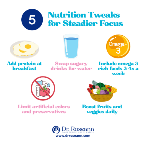 Nutrition tips supporting holistic therapy for ADHD including protein, omega-3, water, fruits, and veggies