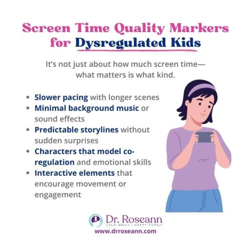 Screen time quality markers for dysregulated kids, discussing content aspects like slower pacing, minimal background music, predictable storylines, co-regulating characters, and interactive elements, relevant to how much screen time is safe.