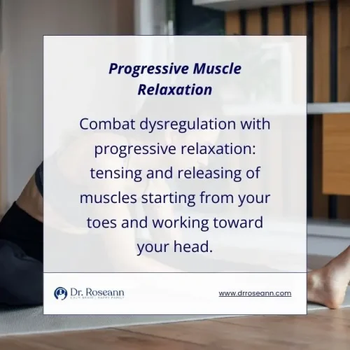 Image explaining how to heal a dysregulated nervous system using progressive muscle relaxation by tensing and releasing muscles from toes to head.