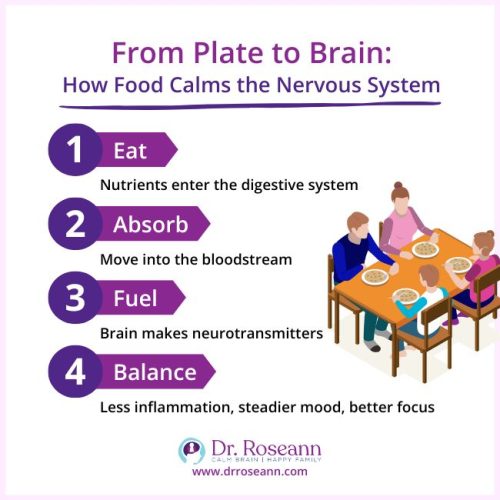 A visual guide explaining how a nervous system diet works, showing the steps from eating to achieving a balanced state with less inflammation, a steadier mood, and better focus.