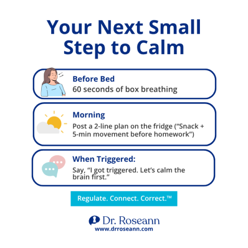 An infographic listing three simple actions—box breathing before bed, a morning plan, and a script to use when an emotional trigger occurs ("I got triggered. Let's calm the brain first.")—as part of the Regulate, Connect, Correct framework.