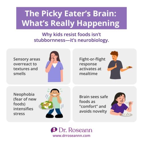 Infographic explaining the psychology of picky eaters, including sensory overload, fight-or-flight at mealtime, neophobia, and comfort in safe foods