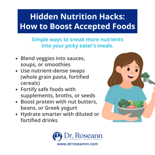 Infographic titled Hidden Nutrition Hacks: How to Boost Accepted Foods. Tips for picky eaters include blending veggies into sauces or smoothies, using nutrient-dense swaps like whole grain pasta, fortifying safe foods with supplements, boosting protein with nut butters or Greek yogurt, and hydrating with diluted or fortified drinks. Illustration of a smiling child holding a bowl of salad.