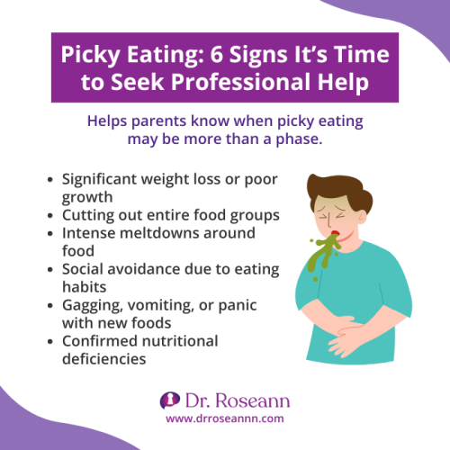 Infographic showing 6 warning signs from the psychology of picky eaters, including weight loss, food group restriction, meltdowns, social avoidance, gagging, and nutritional deficiencies.