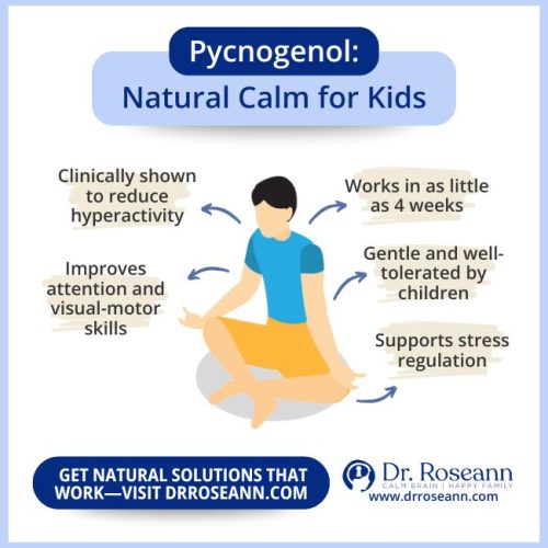 An infographic about Pycnogenol as a natural calm for kids. It highlights that it's clinically shown to reduce hyperactivity, improves attention, works in 4 weeks, is gentle for children, and supports stress regulation.
