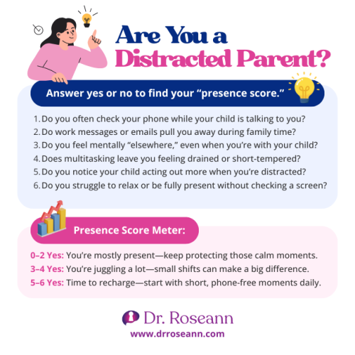 A 6-question quiz for parents to find their "Presence Score," asking about checking phones and multitasking, to help them identify signs of Distracted Parenting and find time to recharge.