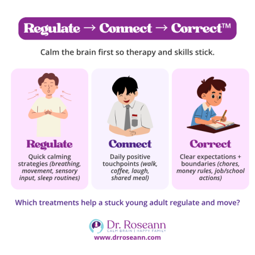 Diagram illustrating the Regulate toConnect to Correct framework for therapy and skills to help a failure to launch young adult. The steps include Regulate (calming strategies like breathing and movement), Connect (daily positive touchpoints), and Correct (clear expectations and boundaries).
