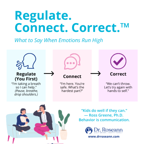 Infographic demonstrating the "Regulate, Connect, Correct" sequence for high-emotion situations, offering positive phrases to say to your child, implicitly guiding against things to never say to your child like "Stop overreacting.