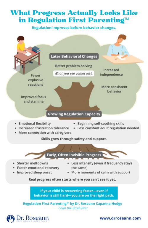Regulation First Parenting infographic by Dr. Roseann showing how progress in emotional regulation develops before behavior changes.