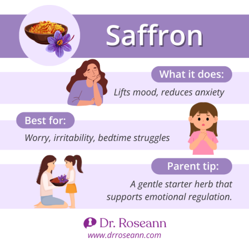 An infographic about saffron as one of the herbs for mental health, highlighting its benefits for lifting mood, reducing anxiety, and supporting emotional regulation.