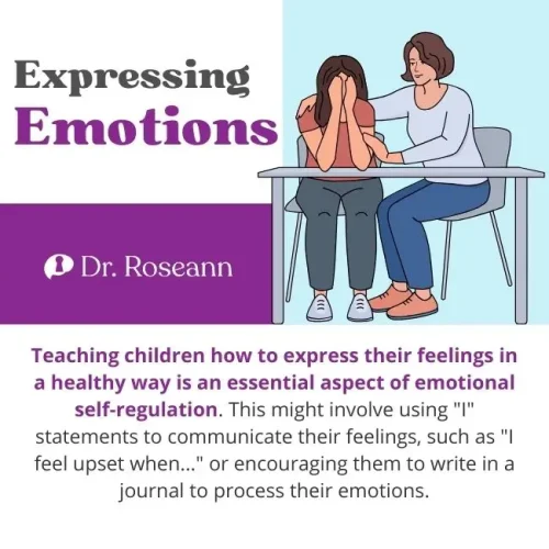 Illustration of a supportive adult comforting a child, emphasizing self-regulation strategies for expressing emotions in a healthy way.