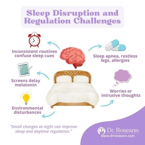 An illustration showing how various factors such as inconsistent routines, screens, environmental disturbances, sleep apnea, allergies, and worries can cause sleep disruption and regulation challenges.
