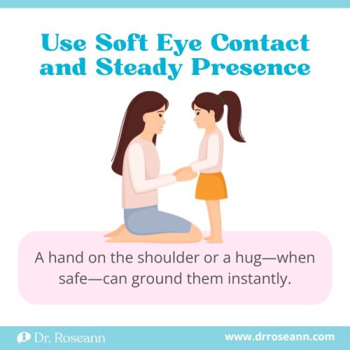 A woman and child maintain soft eye contact, illustrating a steady presence to soothe overactivity of the sympathetic nervous system.