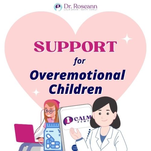 Illustration of doctors and technology offering support for an overly emotional child, with a heart-shaped background.