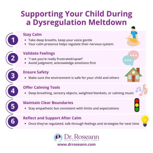 An infographic with six steps on supporting a child during a dysregulation meltdown, a key aspect of understanding dysregulation vs other behavioral issues.