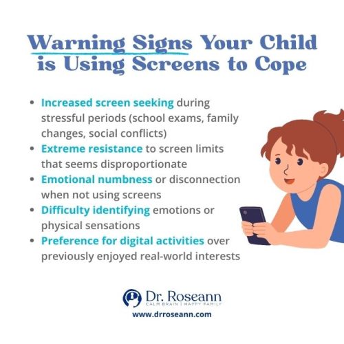 Infographic listing 5 warning signs that a child may be using screens to cope with anxiety and stress, including emotional numbness and increased screen time.