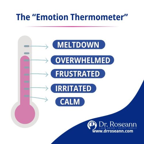 Illustration of an “Emotion Thermometer” by Dr. Roseann, showing five levels of emotional regulation—from calm to meltdown. The thermometer graphic transitions from calm at the bottom, to irritated, frustrated, overwhelmed, and finally meltdown at the top, representing increasing emotional intensity. Designed to visually support cognitive reappraisal strategies in mental health and emotional self-regulation.