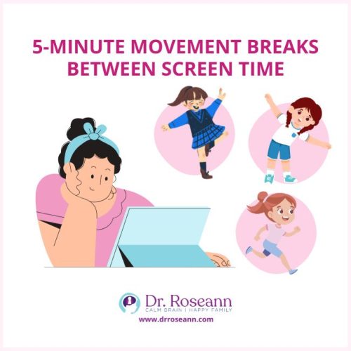 An illustration showing a parent with a tablet and three children engaging in different physical activities, promoting 5-minute movement breaks during what is screen time.
