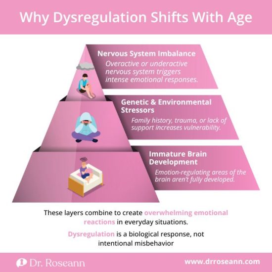 Infographic showing why dysregulation progresses and shifts with age. A pyramid illustrates three layers: immature brain development, genetic and environmental stressors, and nervous system imbalance. Highlights that dysregulation is a biological response, not misbehavior.